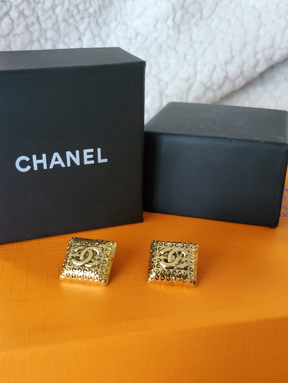 Gold Tone Square CC  Earrings